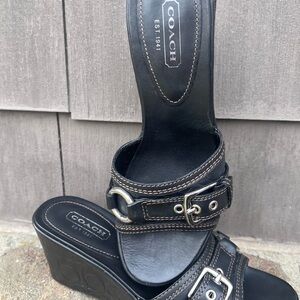 Coach Black Leather Buckle Wedge Sandals/NEVER WORN/in original box/size 8.5